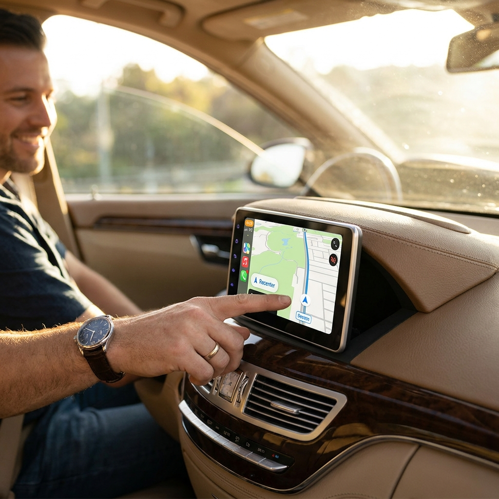Driver tapping CarPlay Pro navigation screen while smiling