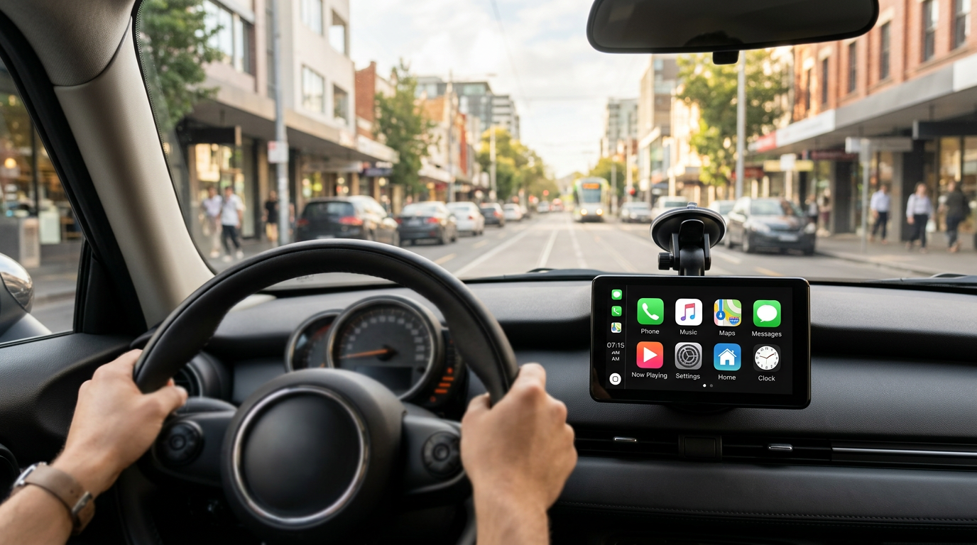 Driver view of CarPlay Pro wireless screen mounted on dashboard in city traffic