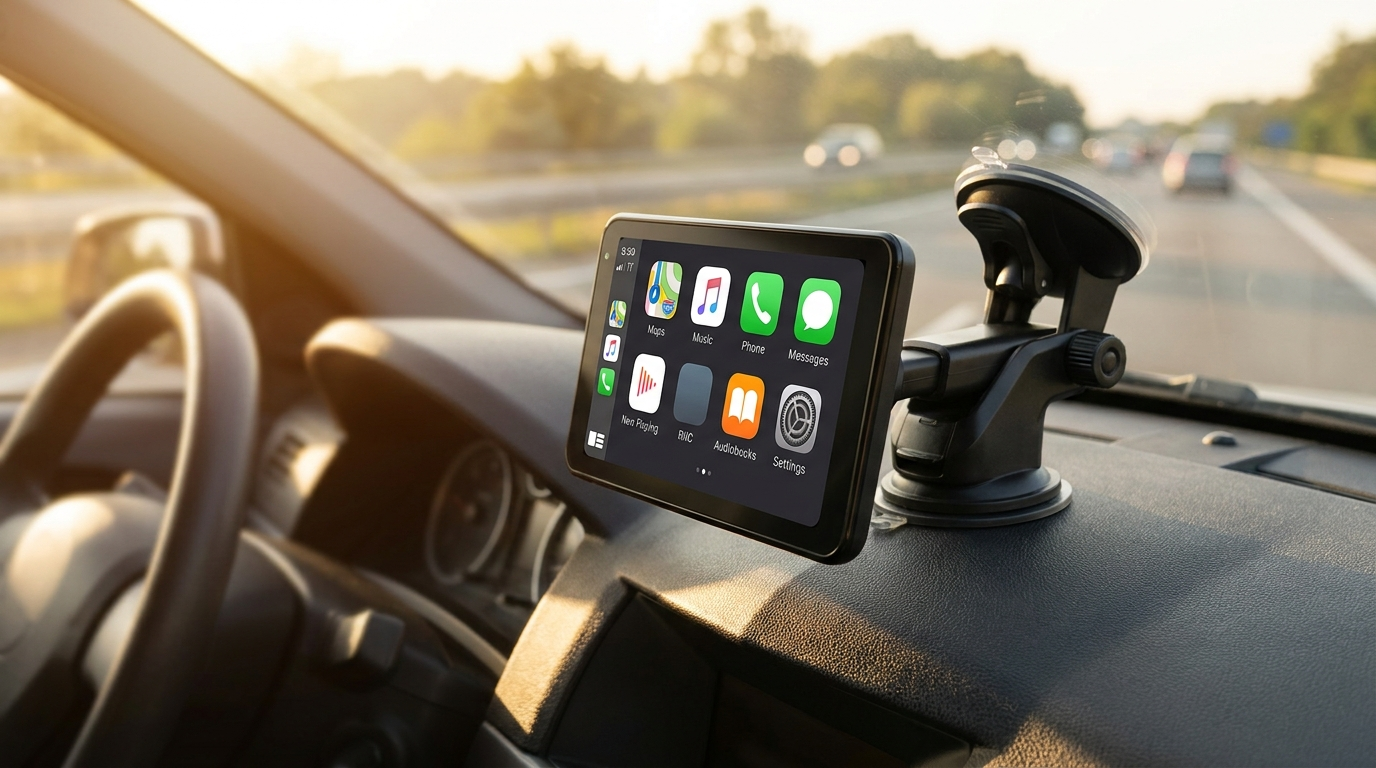 CarPlay Pro wireless screen mounted on dashboard with highway backdrop, warranty and shipping promise